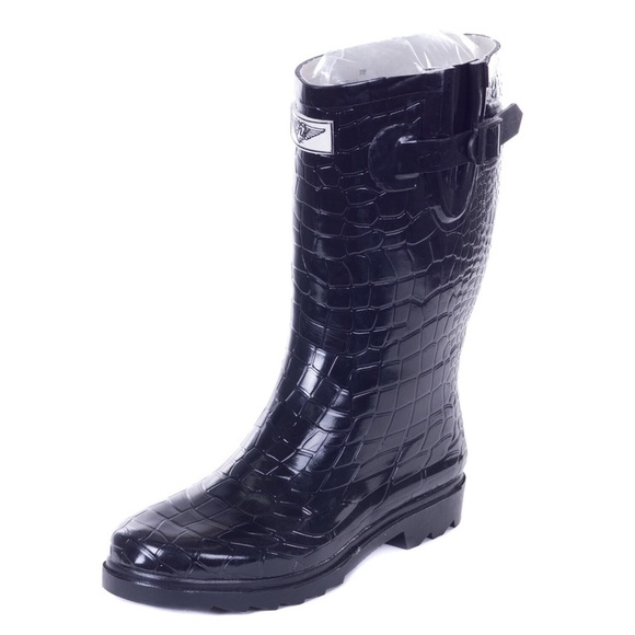 Women Rubber Rainboots,  11" Black Crocodile Print Rain Boots - Picture 3 of 4